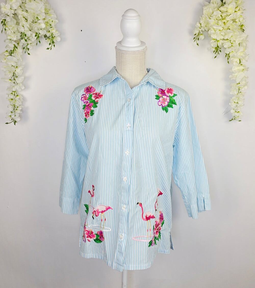 Bechamel Petite Blouse Button Up Medium Blue Stripe Flamingo Embroidery Tropical